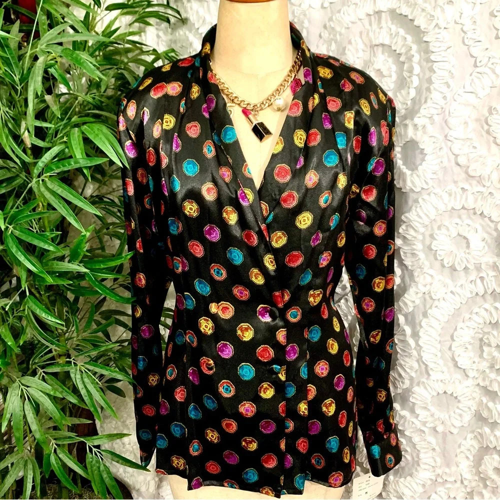 NWT Vintage “Notations” multi color gems on black print long sleeve blouse- 8 - Picture 3 of 12